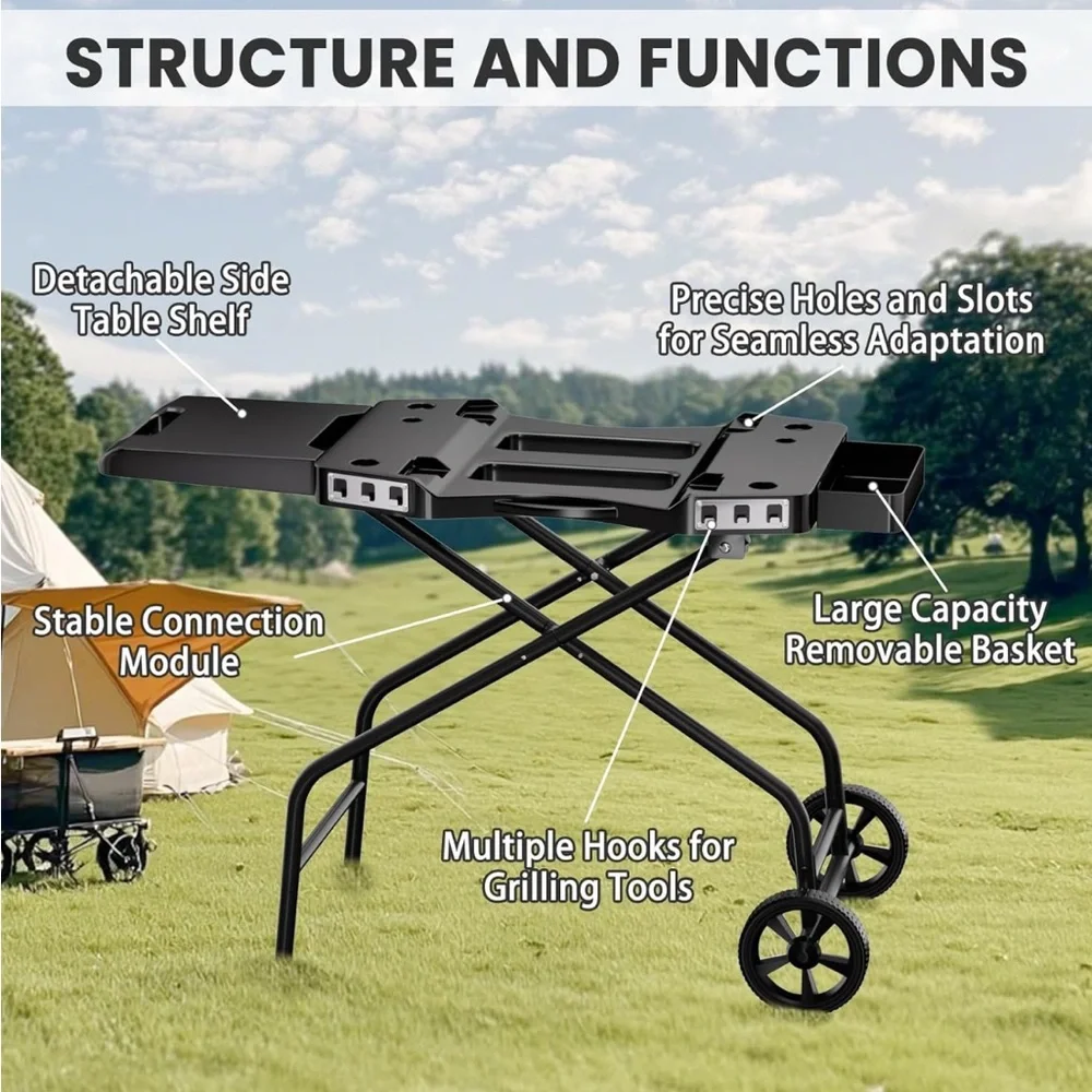 Compatible Portable BBQ🍖Stand w Wheels Side Table & Storage Basket🧺 - Picture 6 of 9